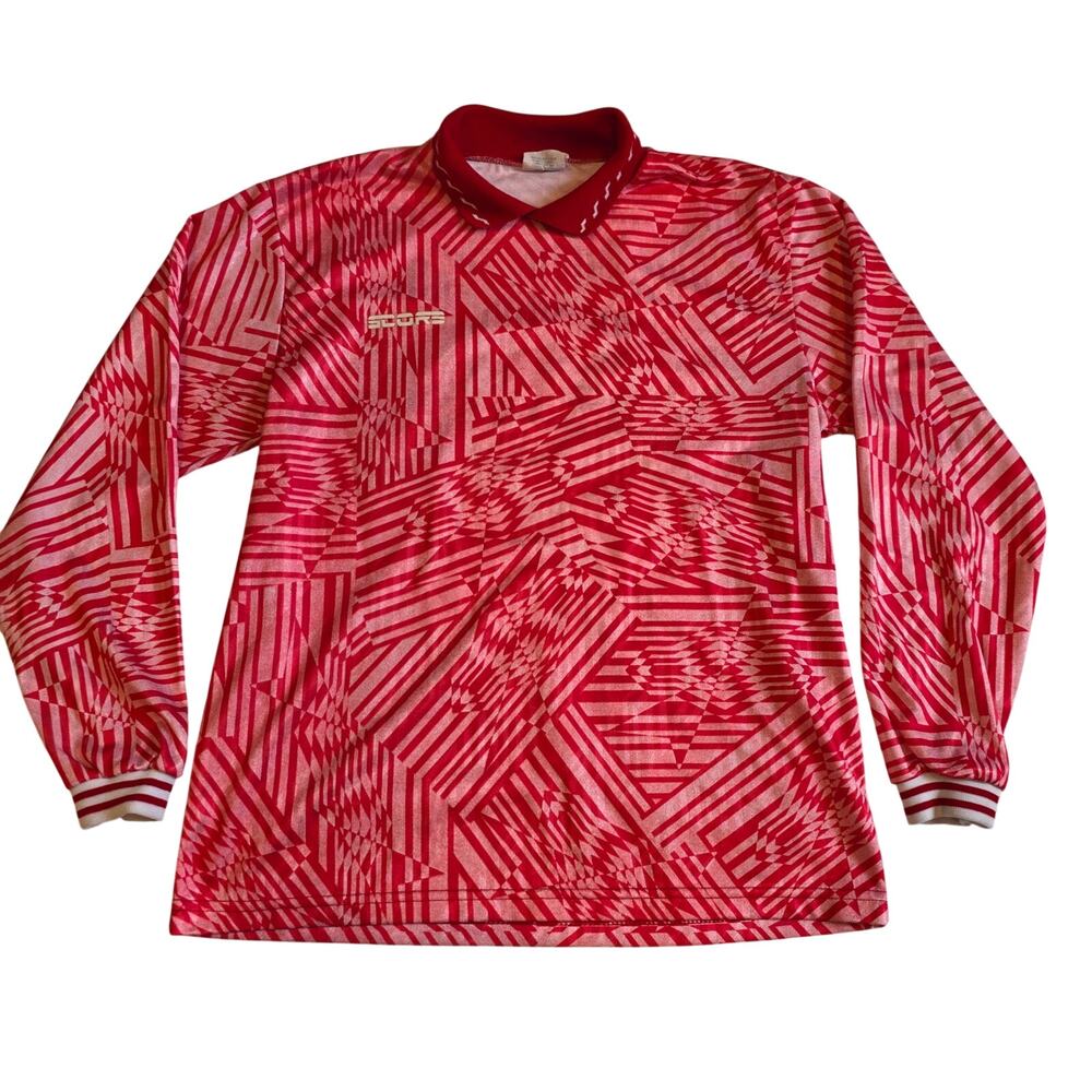 Vintage 90s SCORE Soccer Jersey Adult Small Pink Red Abstract Geometric Shirt